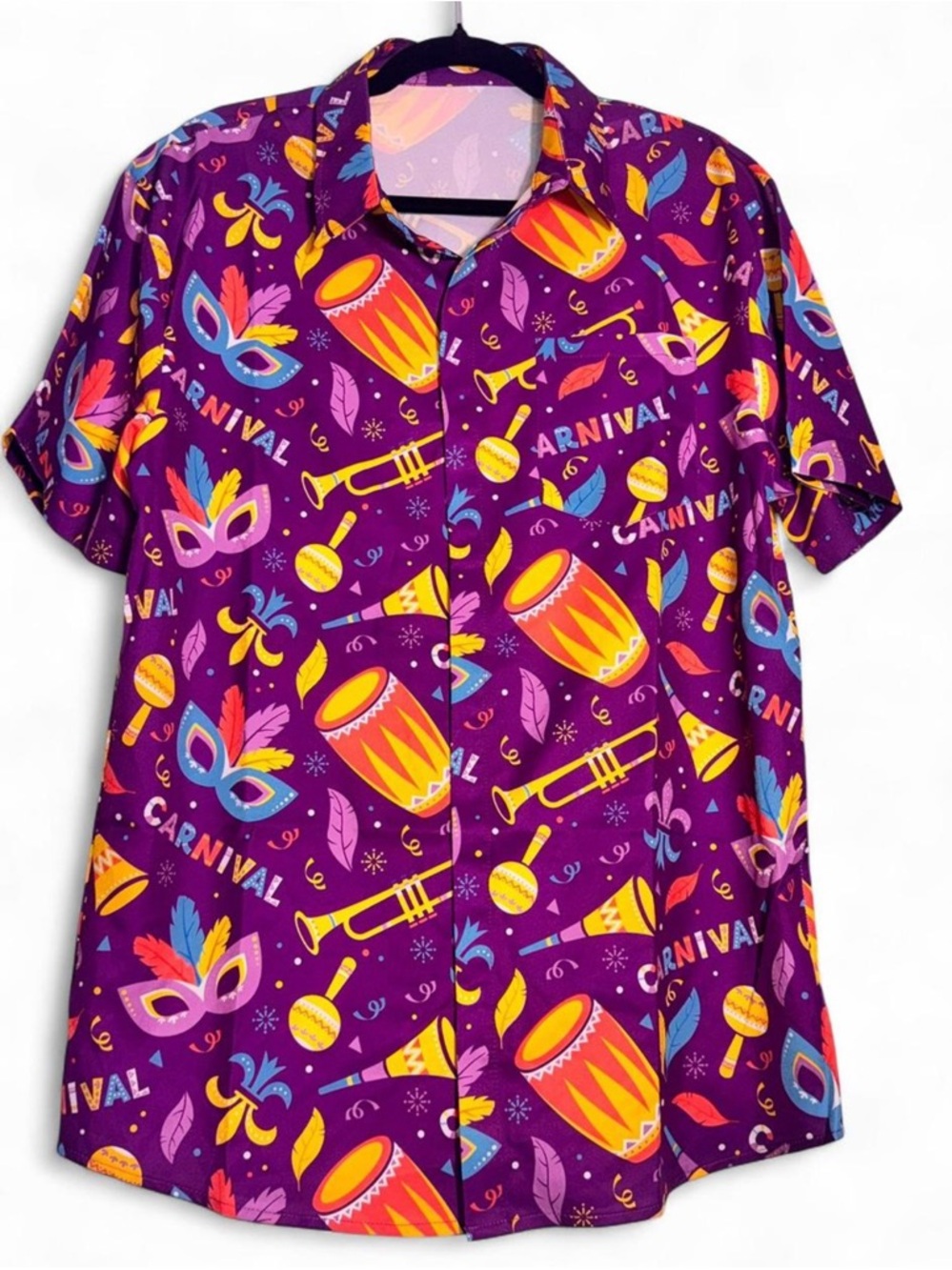 Carnival Print Button-Up Shirt in Purple with Bright Accents